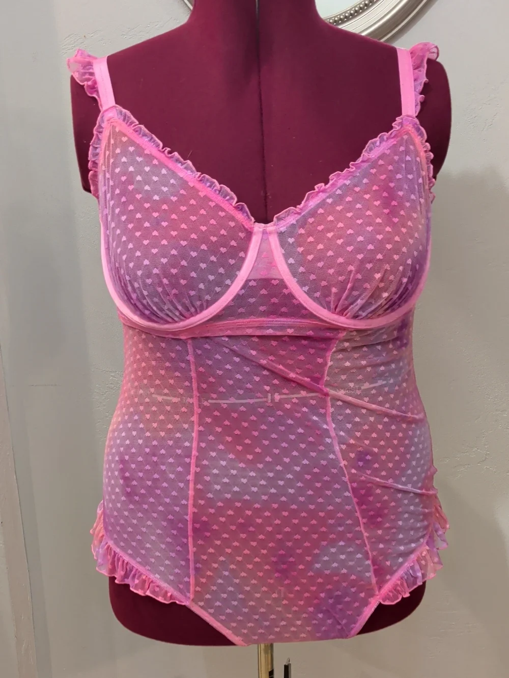 Sheer Pink Heart-Print Mesh Chemise with Ruffle Trim